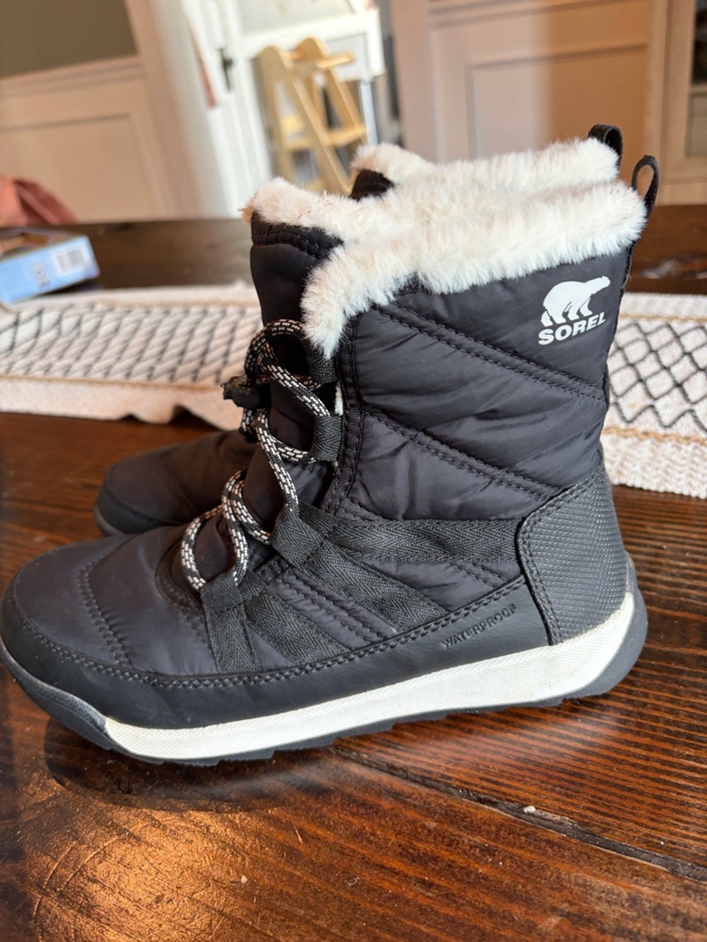 Sorel Kids Black Snow Boots with White Faux Fur Trim